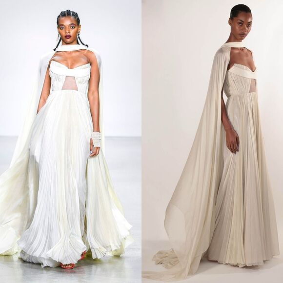 BIBHU MOHAPATRA Pleated Silk Chiffon Strapless Gown with Cape Detail US8 $9015